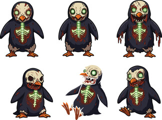 Creepy zombie penguin cartoon characters with glowing green bones, undead animal illustration set for Halloween, horror, game, or spooky artwork design