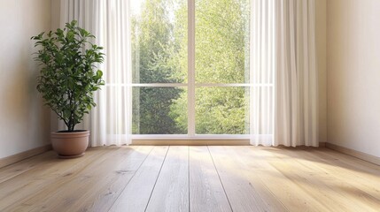 Fototapeta premium Empty room large window center has white curtains A bright and airy