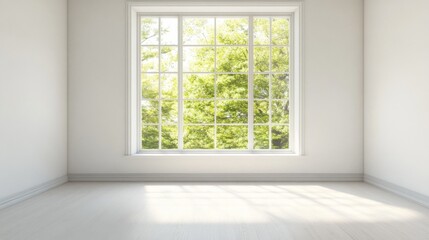 Fototapeta premium Empty room large window center has white frames Bright and airy interior