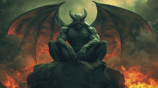 Digital illustration mythical creature sitting rocky cliff appears satan in hell
