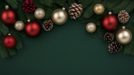 Naklejka premium Flat lay Christmas ornaments pine cones dark green Festive decorations