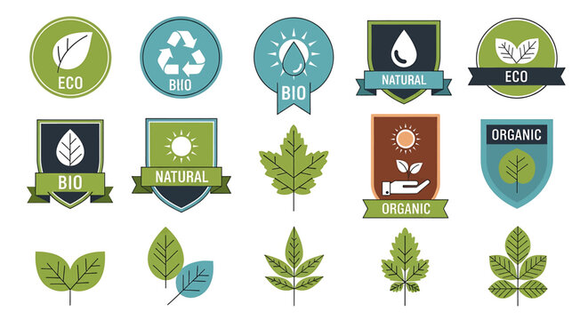 Collection of eco friendly and organic product labels and icons.