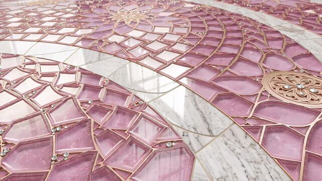 Intricate pink lattice mosaic sheets arranged in overlapping circular patterns on marble surface