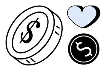 Large dollar coin, smaller coin, and light blue heart. Ideal for finance, economics, charity, relationships, wellness business investment. Simple flat metaphor