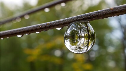 Water droplet hanging from a rope reflecting trees in a forest on a blurred green background day light