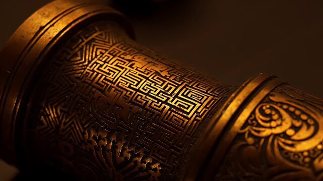 Intricately patterned golden vessel with Greek key meander and floral engravings
