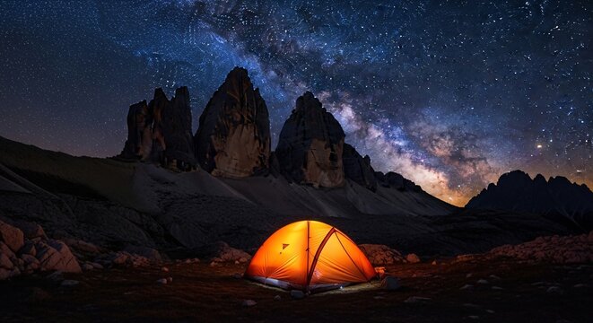 Glowing Orange Tent Under Starry Sky With Majestic Mountains at Night