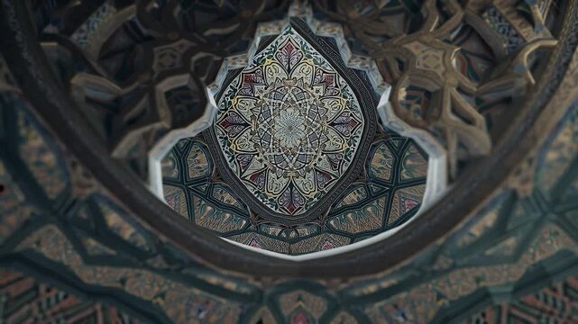 Intricately tiled domed ceiling showcasing ornate geometric star patterns and arabesque motifs in Persian architectural tradition
