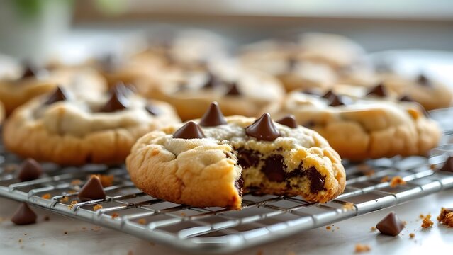 Soft and chewy homemade chocolate chip cookies cooling on a wire rack.