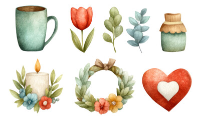 Colorful Watercolor Collection of Flowers, Cup, Heart, and Candle on Transparent Background
