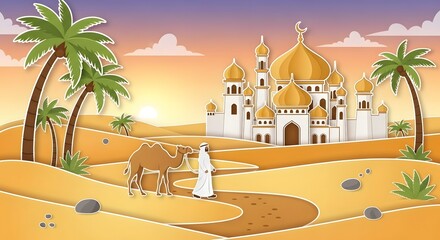 Papercut desert landscape at sunset with a traveler leading a camel towards a golden mosque and palm trees – Middle East journey illustration
