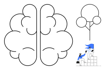 Abstract brain design, tree representing growth, and superhero character building success with blocks. Ideal for creativity, innovation, growth, problem-solving, teamwork, education motivation