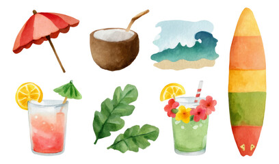 Colorful Tropical Summer Elements with Drinks, Waves, Surfer, and Beach Accessories
