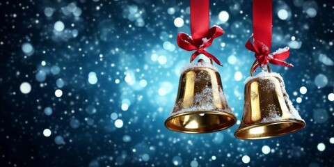 Three golden Christmas bells hanging from red ribbons
