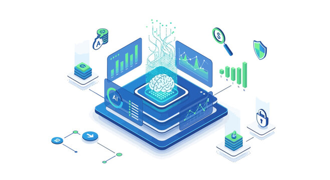 Futuristic AI Data Processing Center with Brain and Financial Analysis Elements