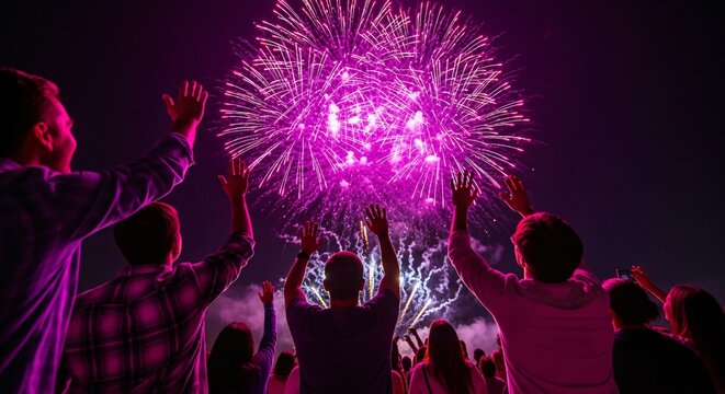 A Crowd Watches Spectacular Pink Fireworks Exploding in the Night Sky Celebrating a Festive Occasion