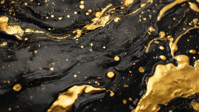 Black glossy surface with splashes of gold liquid or metallic paint