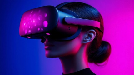 Woman wearing virtual reality VR headset is Immersed in vibrant