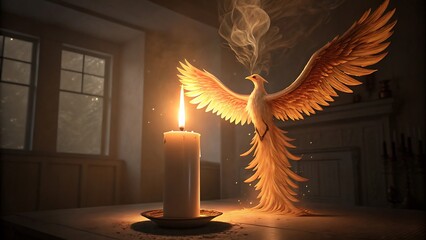 A phoenix with wings spread standing near a candle in a dimly lit room with windows behind it