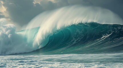 Powerful ocean wave crashing on the shore under a cloudy sky