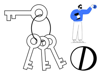 Set of keys hanging on a ring, a man holding a tablet and small object, and a split circular icon. Ideal for security, access, decision-making, problem-solving, data management, teamwork simple flat
