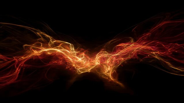 Abstract smoke and light trails in red and gold on black backdrop - Powered by Adobe
