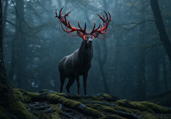 A majestic stag with glowing red antlers stands boldly in a misty, dark forest.
