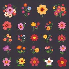 A large set of diverse, colorful flowers and bouquets illustrated in a flat, modern vector style.