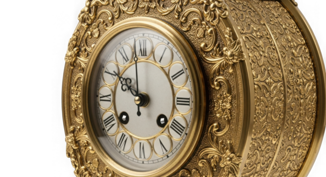 Ornate Golden Antique Clock With Roman Numerals On Black Background