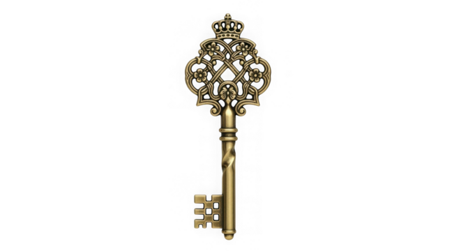 Ornate Golden Skeleton Key With Crown On Black Background
