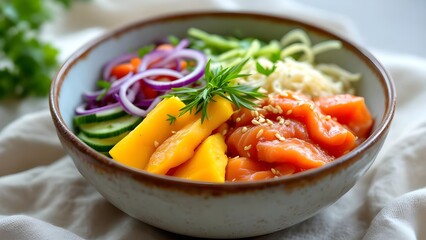 A fresh and colorful salmon poke bowl with mango, cucumber, and red onion served in a ceramic dish.
