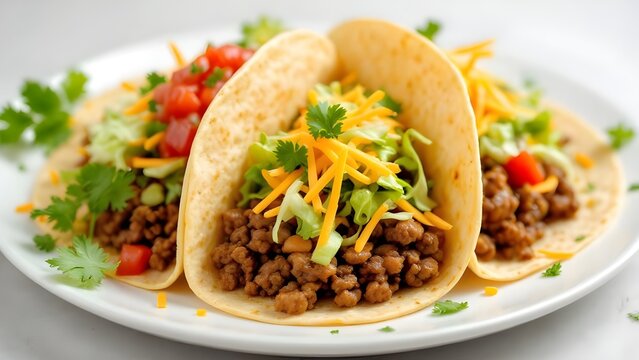 Three delicious ground beef tacos with fresh toppings like lettuce, cheese, and tomatoes on a white plate. - Powered by Adobe