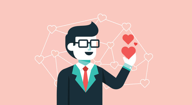 Businessman holding red heart in hand surrounded by network of hearts on pink backdrop symbolizing love and connection in business, romantic theme.