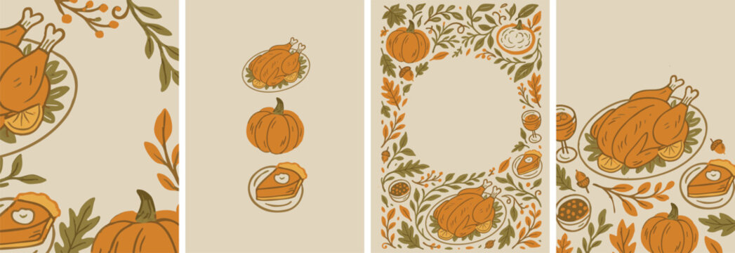 Hand-drawn Thanksgiving frame set – cozy fall invitation templates with festive holiday food