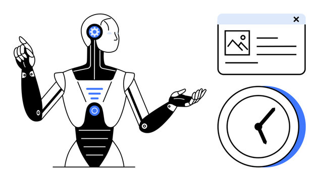 Humanoid robot gesturing towards a browser window and clock, representing artificial intelligence, automation, time efficiency. Ideal for technology, innovation, AI concepts, automation, scheduling