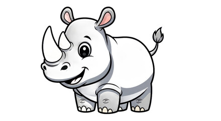 Fototapeta premium Cartoon rhinoceros illustration with white horn and gray skin against transparent background