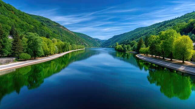 Serene Reservoir Reflects Lush Green Mountains Under a Bright Blue Sky on a Sunny Day