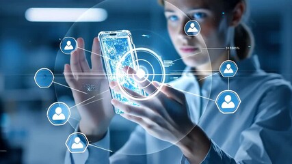 Generative AI. Female professional interacting with futuristic smartphone technology, showcasing digital interface holographic elements in modern workspace, illustrating innovation and connectivity - Powered by Adobe