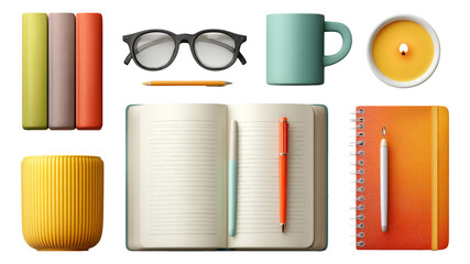 Colorful Desk Items Including Mug, Notebooks, Glasses, and Candle on Transparent Background