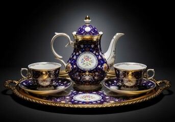 Elegant porcelain tea set with golden color design on tray on dark background