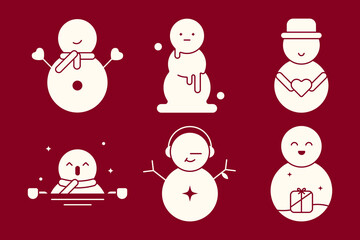 Snowman solid icon set in various poses with scarf, hat, gift and Christmas theme, vector illustration