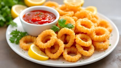 A delicious plate of crispy fried calamari rings served with a zesty marinara dipping sauce and fresh lemon wedges.