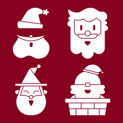 Cute Christmas Santa Face Solid Icons – Minimal Character Silhouette Vector for Cards, Banners and Labels