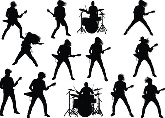 Rock band guitarist and drummer silhouettes performing on stage, energetic music concert vector illustration, heavy metal performance artwork isolated on white background