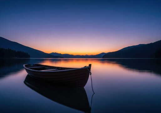 A calm lake with boats at sunset, colorful sky and reflection of mountains. Lonely canoe on the lake