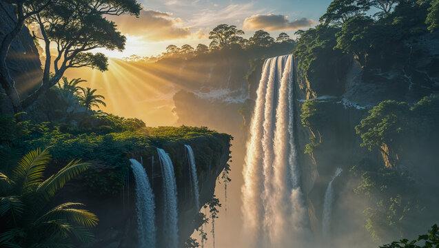 AI-generated image, breathtaking landscape, tropical forest with waterfall, lush trees, vibrant, adventure, relaxation, and cherished memories await tourists - Powered by Adobe