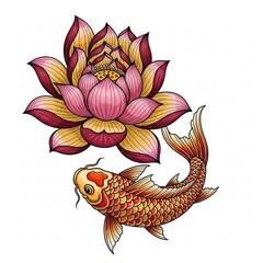 Beautiful of Cute Koi Fish Swimming Under Lotus Flower in Elegant Design