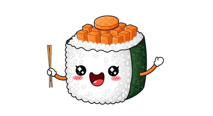 Cartoon sushi roll with chopsticks and smiling face on transparent background