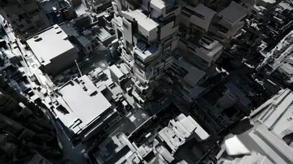 Aerial view of a futuristic cityscape, geometric shapes, grayscale - Powered by Adobe
