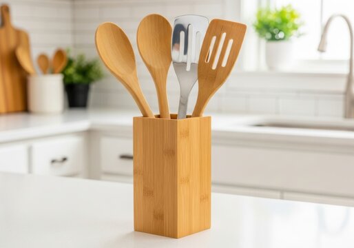Wooden kitchen utensils in a bamboo holder on a countertop